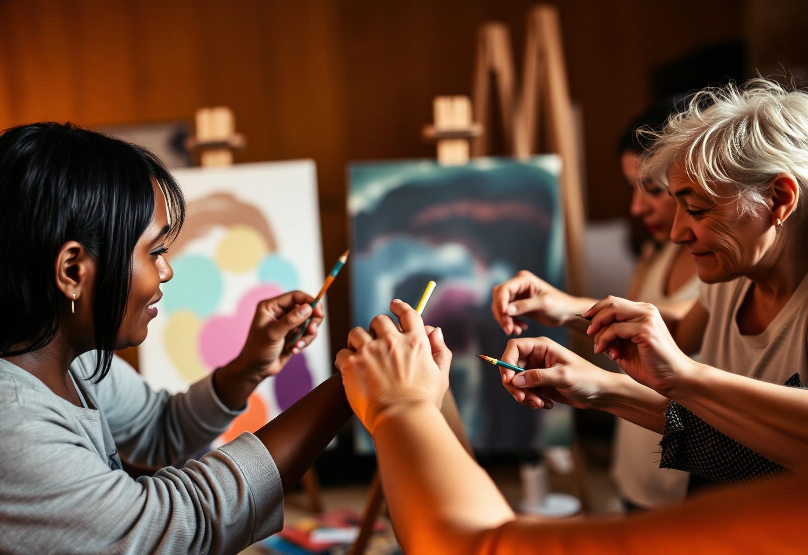 Hands creating art together in a healing studio