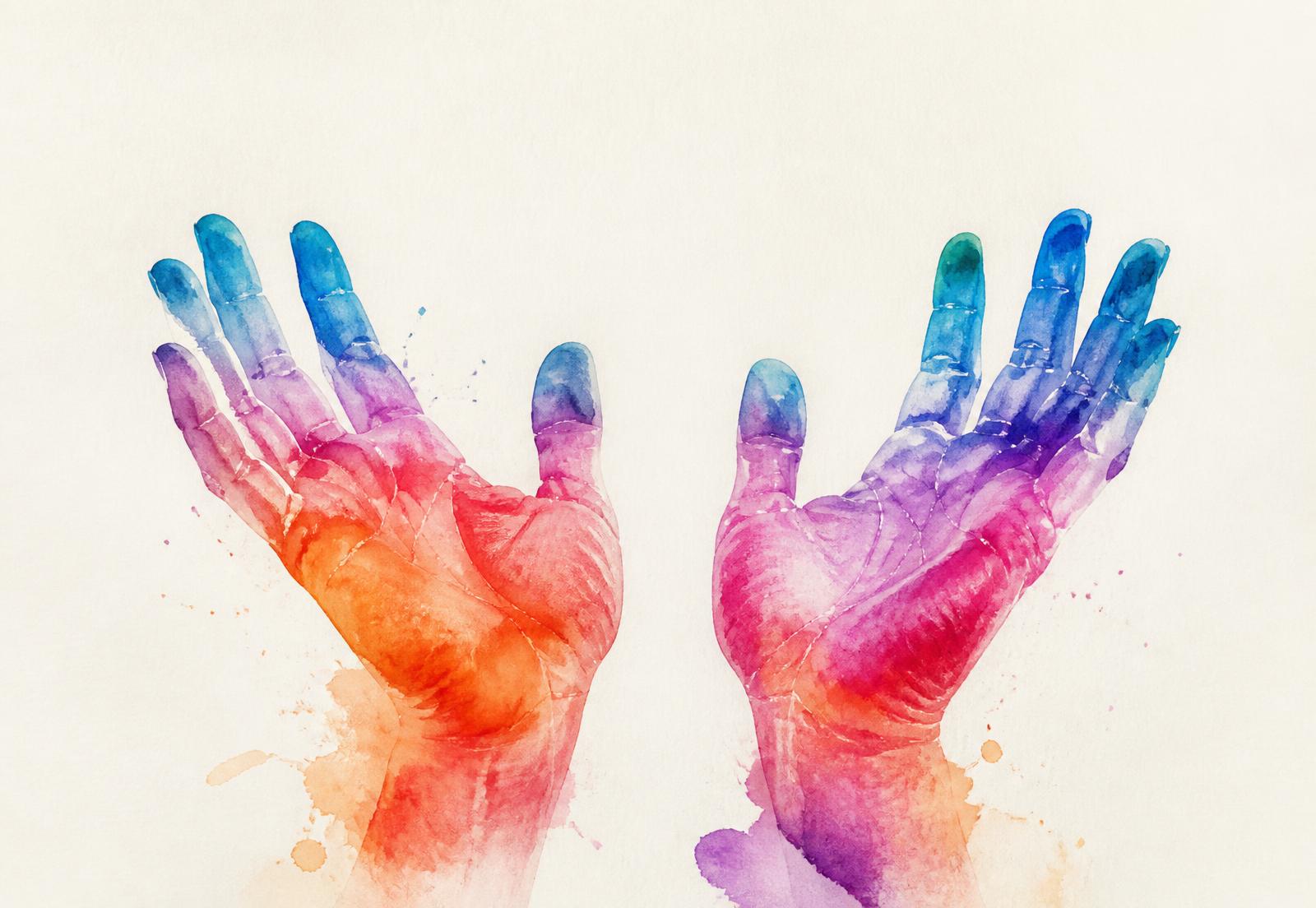 Hands creating art together in a healing studio